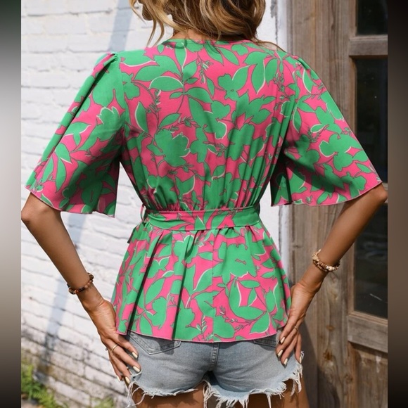 Boho floral print butterfly sleeve belted blouse - Picture 3 of 12
